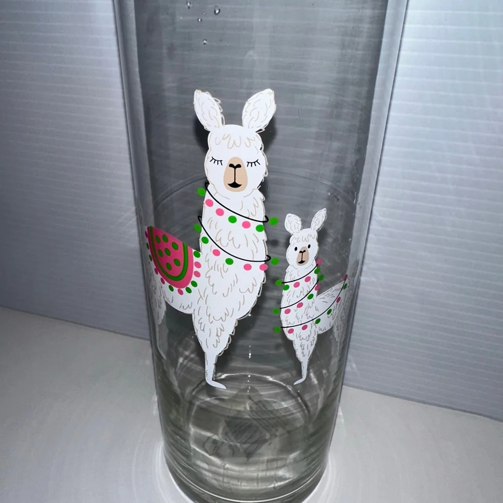 Mainstays Glass Vase Clear/Pink with Llamas Design 10 in